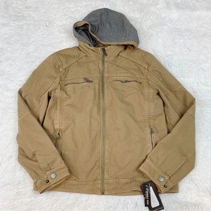 First Wave boy's long sleeve tan full zip bomber jacket detachable hood 14/16